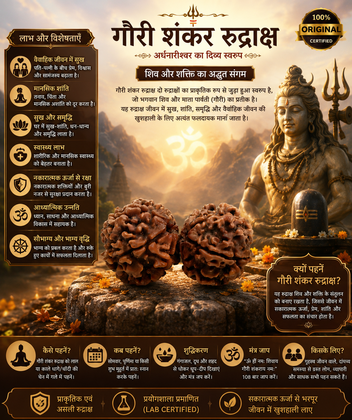 Original Gauri Shankar Rudraksha Certified Natural Rudraksha Bead for Shiv Parvati Blessings, Harmony, Love, Marriage & Spiritual Growth