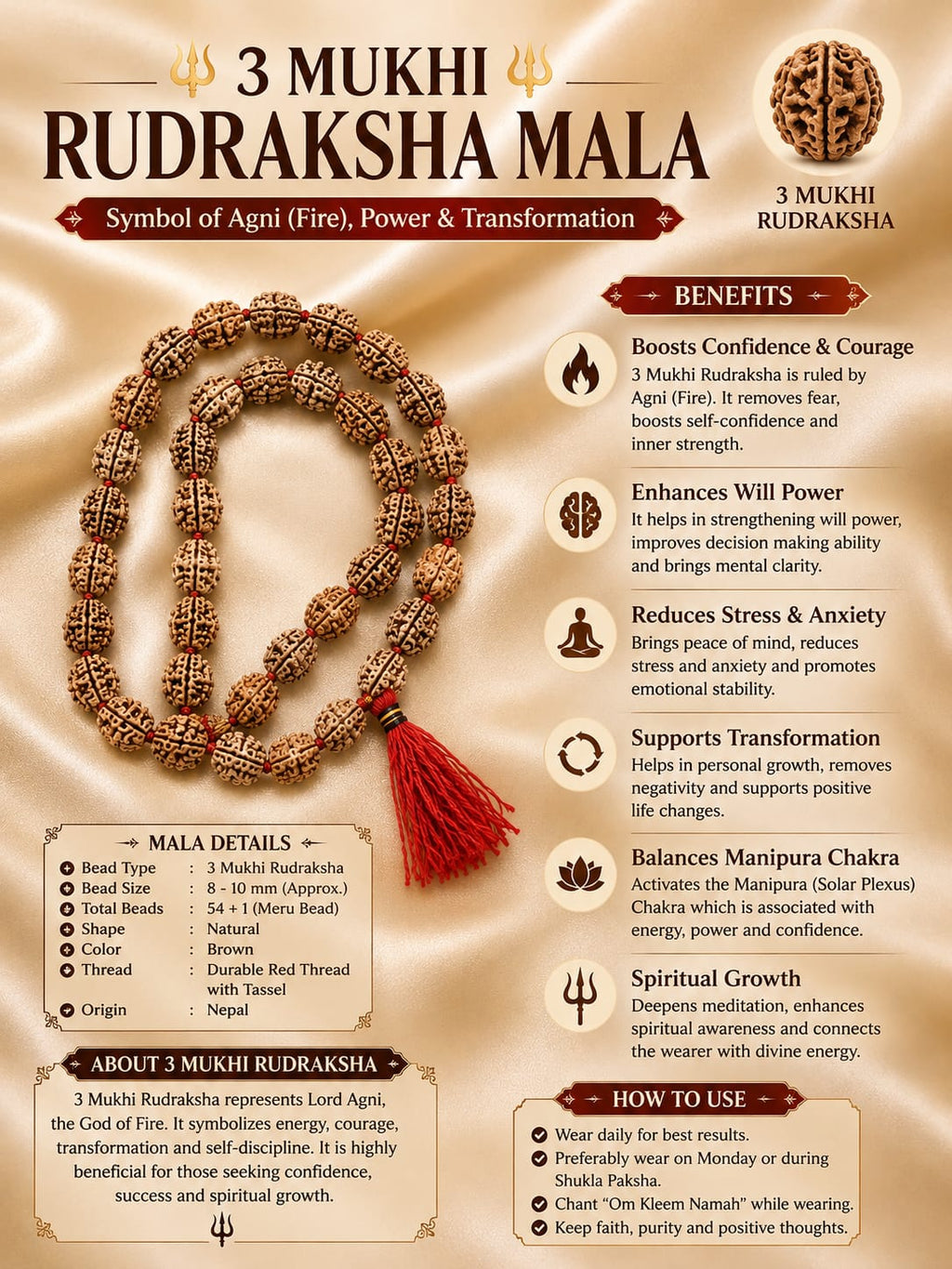 Original 3 Mukhi Rudraksha Mala – Natural Premium Quality Rudraksha Beads
