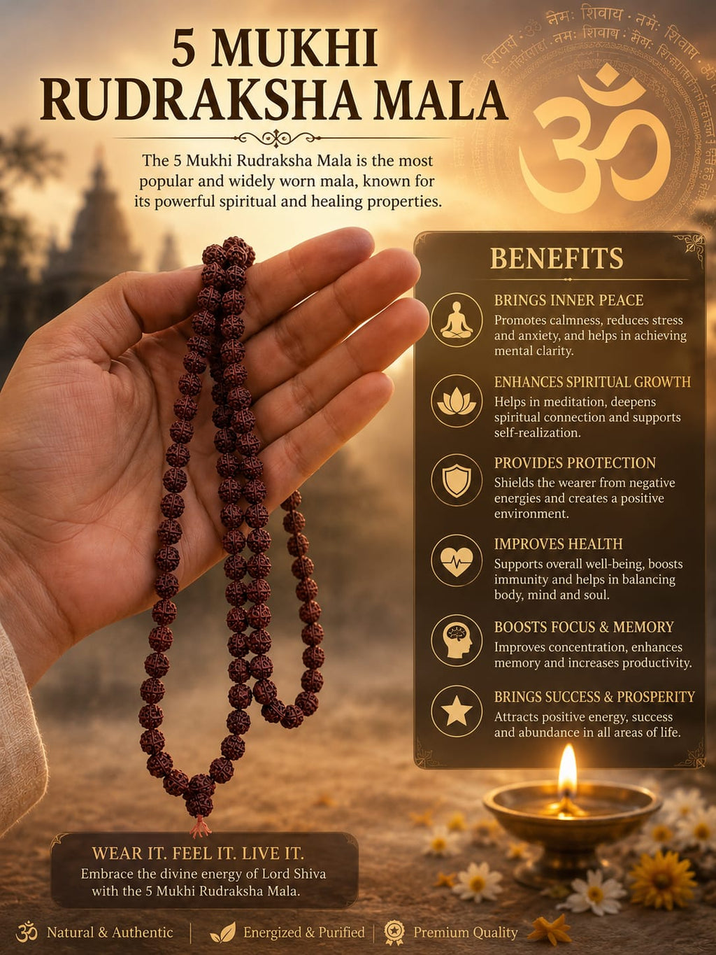 Original 5 Mukhi Rudraksha Mala – Natural Premium Quality Rudraksha Beads