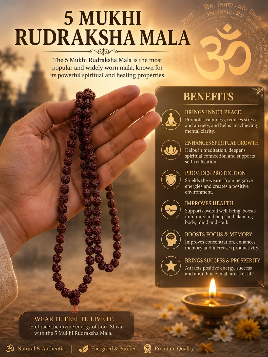 Original 5 Mukhi Rudraksha Mala – Natural Premium Quality Rudraksha Beads