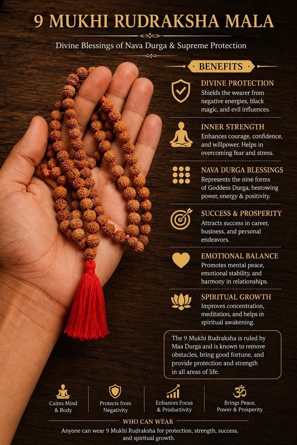 Original 9 Mukhi Rudraksha Mala – Natural Premium Quality Rudraksha Beads