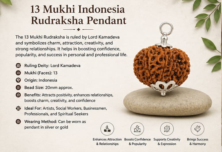 13 Mukhi Indonesia Rudraksha Pendant (18mm) – Original Lord Kamadeva & Lord Indra Rudraksha for Attraction, Success & Confidence 13 मुखी इंडोनेशिया रुद्राक्ष पेंडेंट (18mm) – ओरिजिनल कामदेव एवं इंद्र देव रुद्राक्ष | आकर्षण, सफलता और आत्मविश्वास